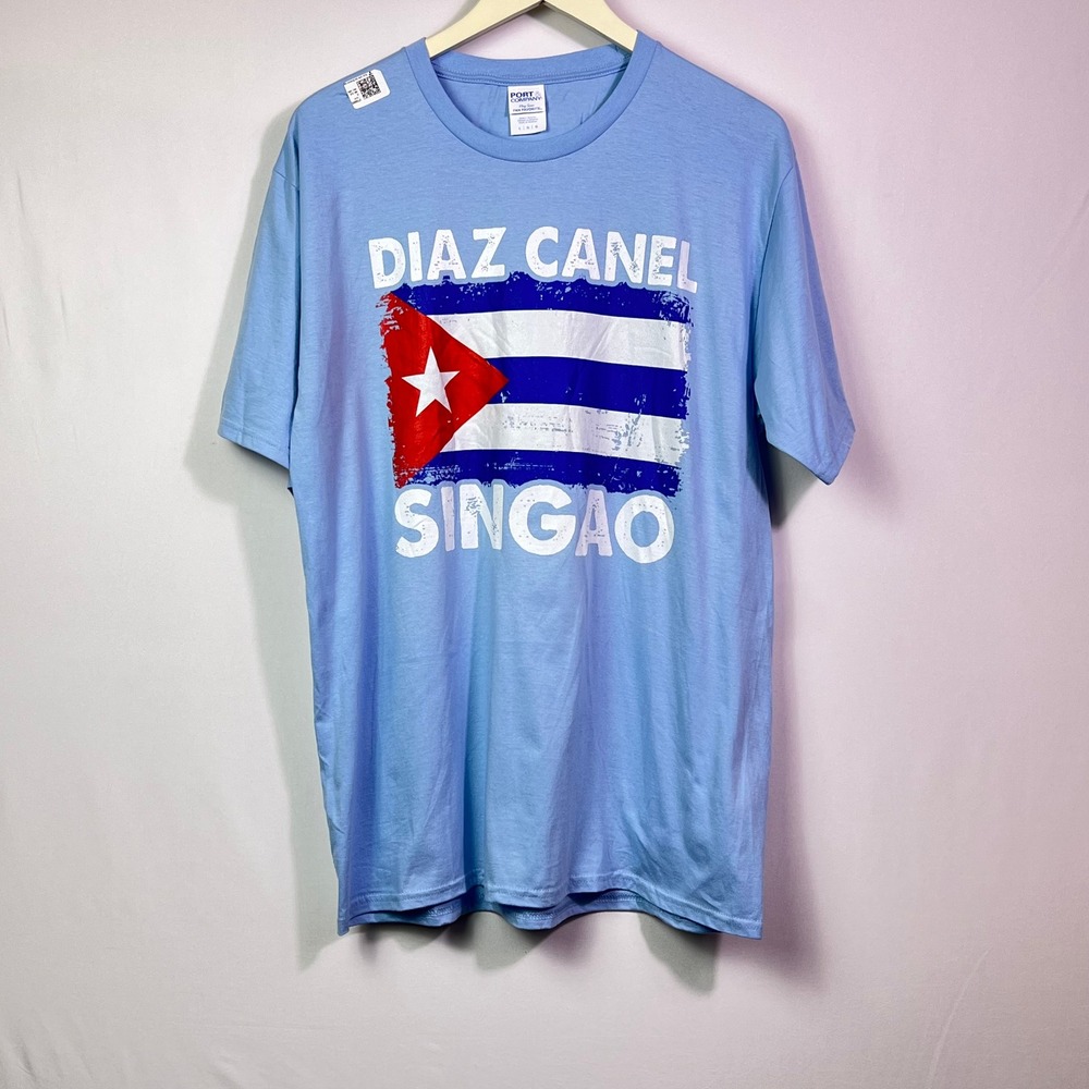 Port & Company Diaz Canel Singao Cuban Flag Graphic T-Shirt Light Blue Large